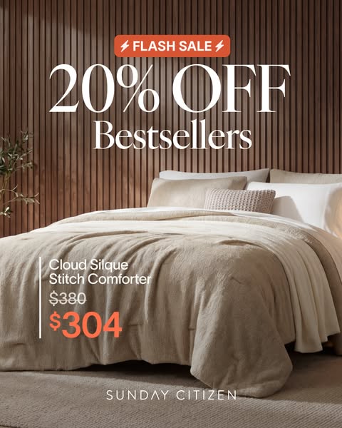 This image ad for Sunday Citizen promotes a flash sale of 20% off bestsellers. The product shown is a Cloud Silque Stitc
