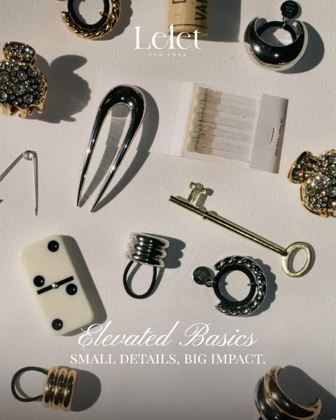 This ad showcases a variety of hair accessories from Lelet NY. The ad uses a flatlay style to display the products, emph