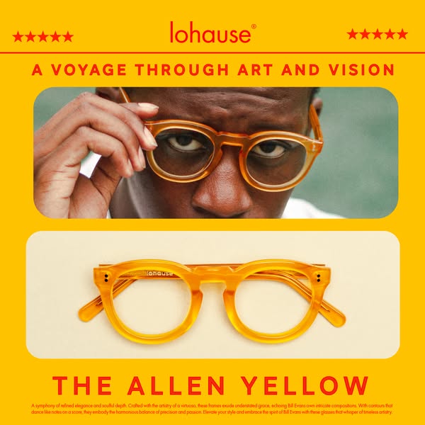 This image ad for lohause eyewear showcases "THE ALLEN YELLOW" glasses. The ad features a model wearing the gl
