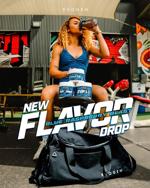This image ad promotes a new blue raspberry flavor of workout supplements from Evogen Nutrition. It features an athlete 