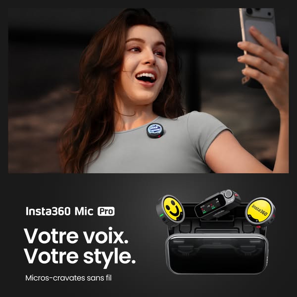 This ad features the Insta360 Mic Pro. A woman is recording with the microphone, and the product is pictured on the bott