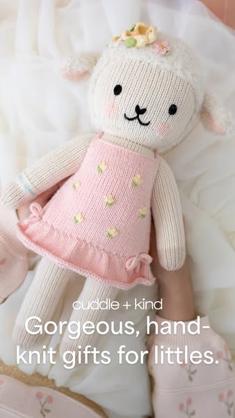 The ad features a cuddle + kind hand-knit doll and emphasizes the brand's commitment to quality and charitable givin