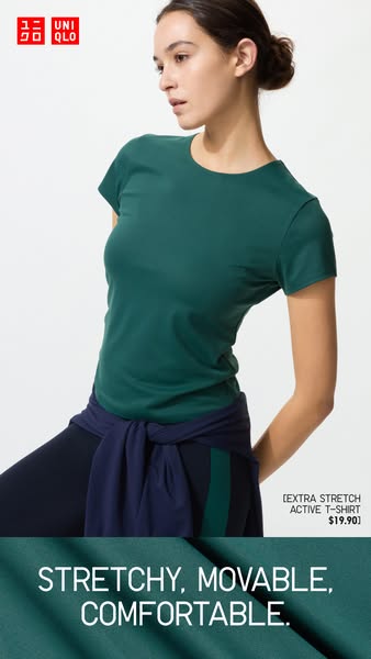 This ad for UNIQLO features an extra stretch active t-shirt, highlighting its comfort, movability, and stretchy material