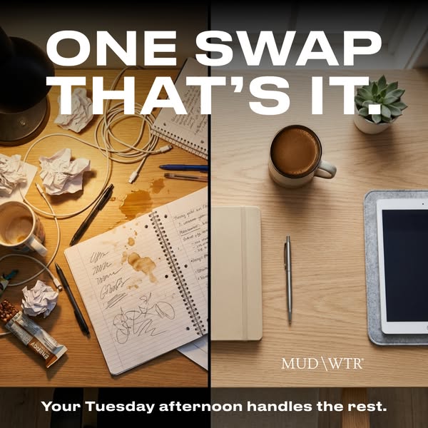 This ad presents a before/after comparison of a cluttered, messy desk versus a clean, organized desk, implying that swit