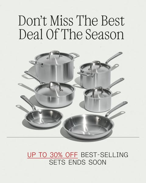 This ad showcases a stainless steel cookware set and promotes a limited time offer for up to 30% off.