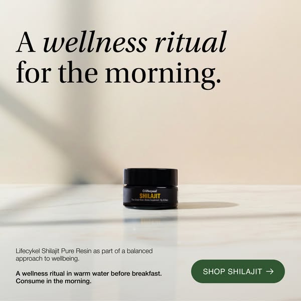 An image ad for Lifecykel Shilajit showing a close-up product shot on a white marble surface. The ad highlights the prod