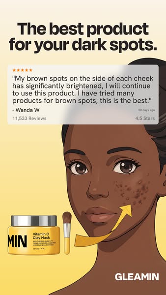 This ad for Gleamin Vitamin C Clay Mask uses an illustrated image of a woman with dark spots on her cheek to highlight h