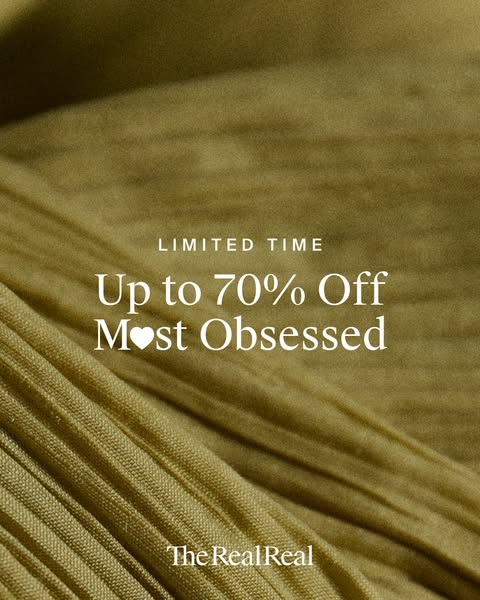 The ad showcases a discount on clothing or accessories from The RealReal. It uses a simple image of a garment and text t