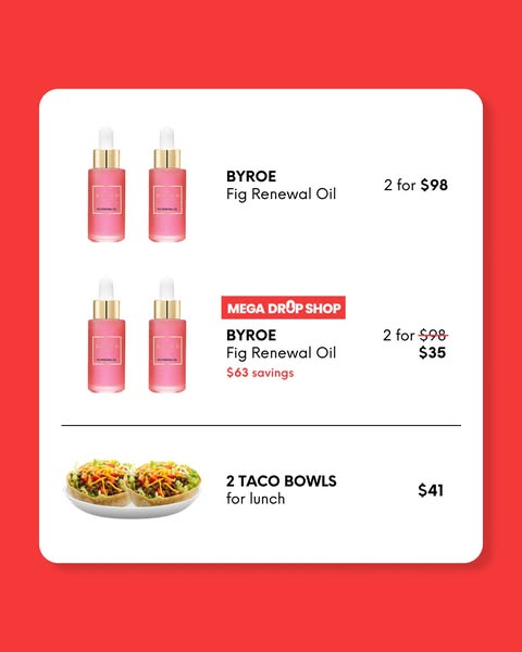 This ad features a white block with rounded corners against a solid red background. The white block is broken into three