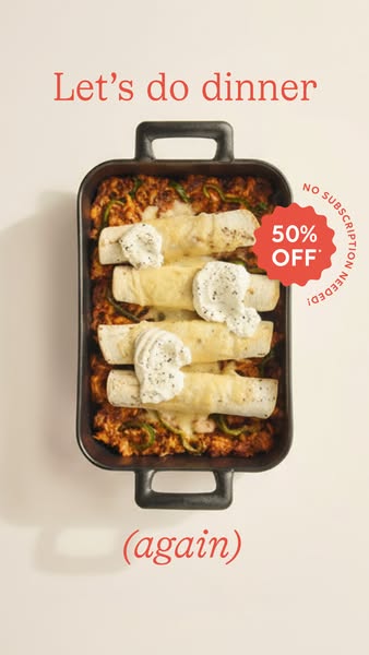This image ad for a meal delivery service features a casserole dish full of enchiladas, topped with cheese and sour crea