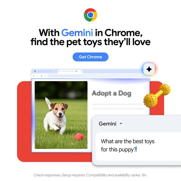 This ad promotes the Gemini feature in Chrome, highlighting its ability to find pet toys. It showcases a dog running in 