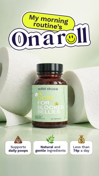 This ad promotes Wild Dose capsules for blocked bellies. The ad presents the product alongside a lighthearted message th