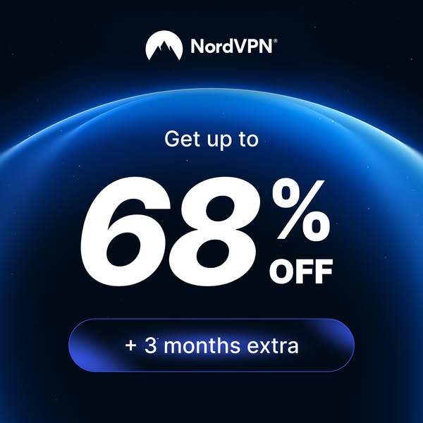 This ad promotes NordVPN by offering a discount of up to 68% off plus 3 months extra.
