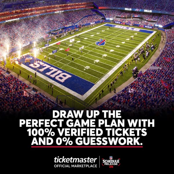 This image ad by Ticketmaster shows a football field and stadium with the text "DRAW UP THE PERFECT GAME PLAN WITH 