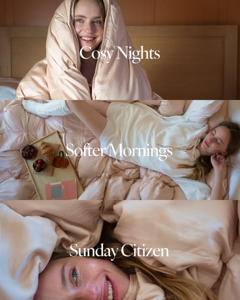 This ad is for Sunday Citizen bedding. The image is divided into three horizontal sections. The top section says "C