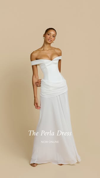 This ad showcases a white dress named "The Perla Dress." It features a model wearing the dress and promotes on