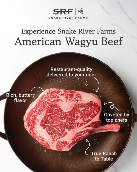 This ad features a close-up image of a raw Snake River Farms American Wagyu Beef steak, highlighting its rich, buttery f