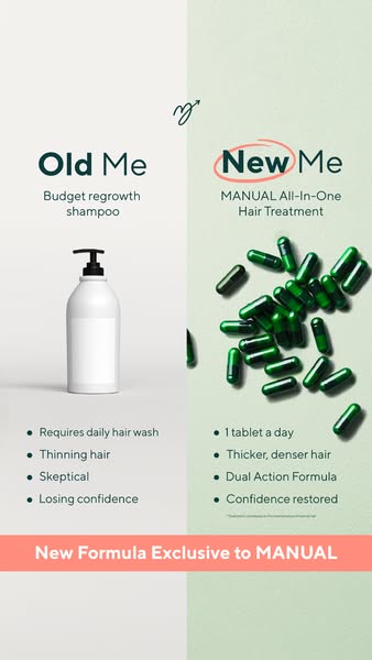 This ad compares using a budget shampoo with using MANUAL's All-In-One Hair Treatment. The ad highlights issues like