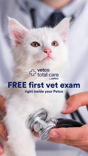 This ad promotes Vetco Total Care by Petco, offering a free first vet exam at Petco locations. The image features a kitt