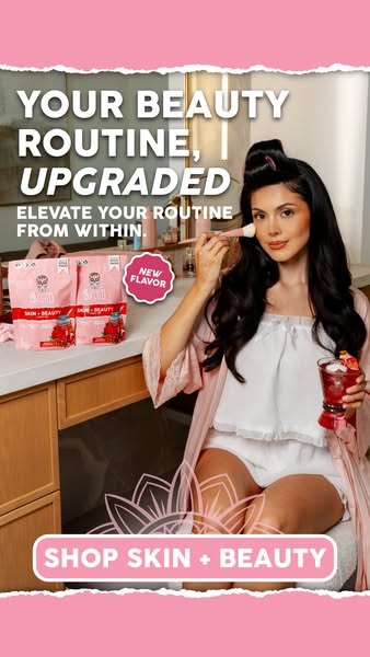 An image ad for the brand Skind, promoting their beauty supplement product, shows a woman in the midst of her beauty rou