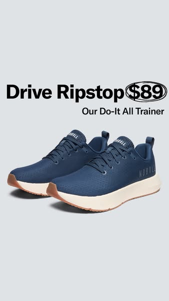 This image ad for NOBULL promotes the Drive Ripstop trainer, highlighting its versatility and current sale price. The ad