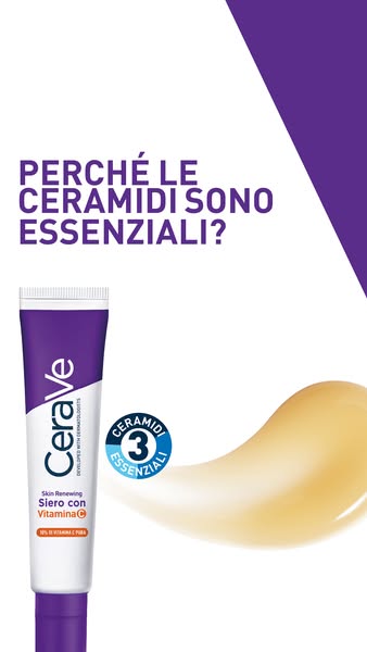 This ad showcases CeraVe's Skin Renewing Siero con Vitamina C. The ad asks why ceramides are essential and features 