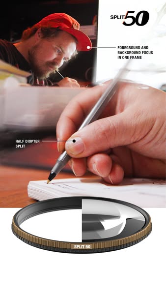 This ad showcases a Split 50 filter, highlighting its ability to keep both the foreground and background in focus simult