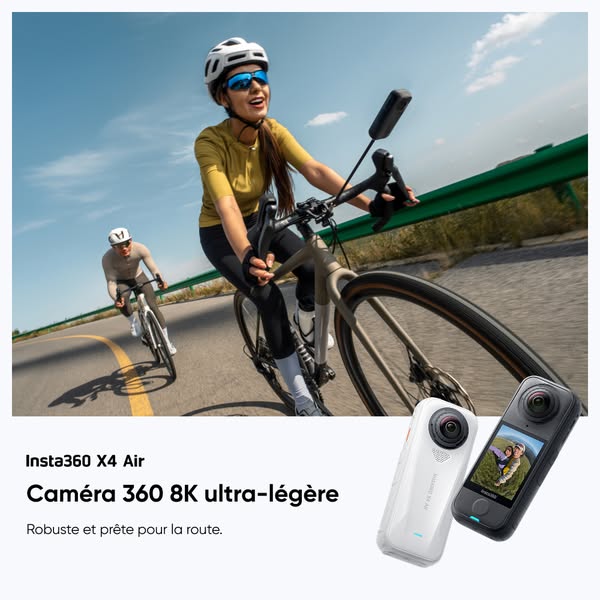 This ad showcases the Insta360 X4 Air camera, highlighting its 360 8K ultra-light capabilities and robustness for outdoo