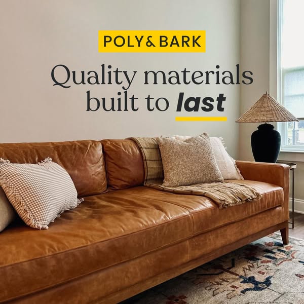 This image ad showcases a leather couch from Poly & Bark. The ad emphasizes the quality and durability of the materi