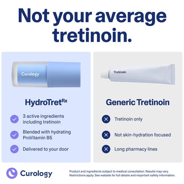 This image ad for Curology compares its HydroTretRx tretinoin product with generic tretinoin, highlighting HydroTretRx&#