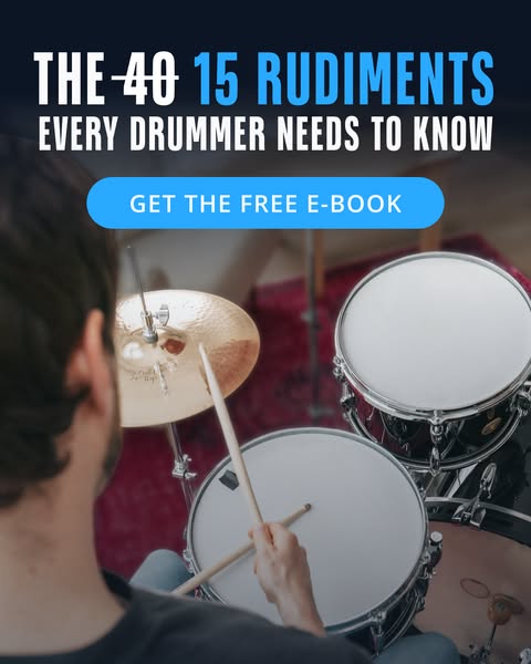 The image ad encourages drummers to get a free e-book covering 15 rudiments that every drummer needs to know. The ad fea