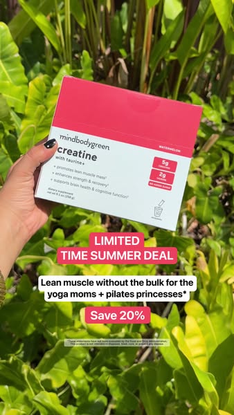 This image ad promotes mindbodygreen's creatine with taurine in watermelon flavor. A hand is holding the product box