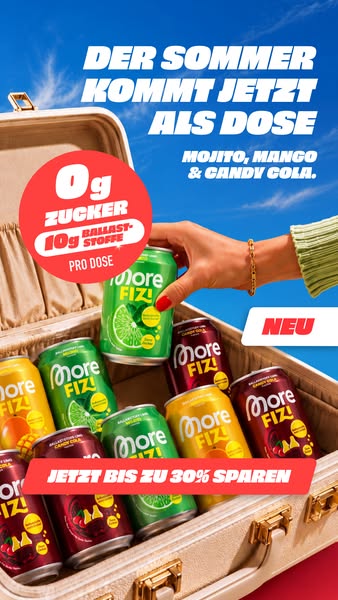 This ad promotes More FIZ! drinks as the perfect refreshment for summer, highlighting their zero-sugar content and curre