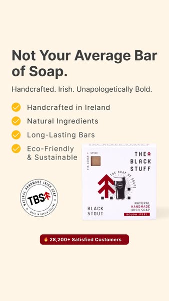 The image ad highlights a bar of soap from The Black Stuff, emphasizing its handcrafted Irish origin, natural ingredient