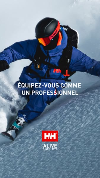 The ad highlights Helly Hansen's professional-grade gear for skiing. It features a skier in action, with the text em