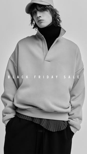 This ad promotes a Black Friday sale. It features a person wearing a light gray sweatshirt and a baseball cap.