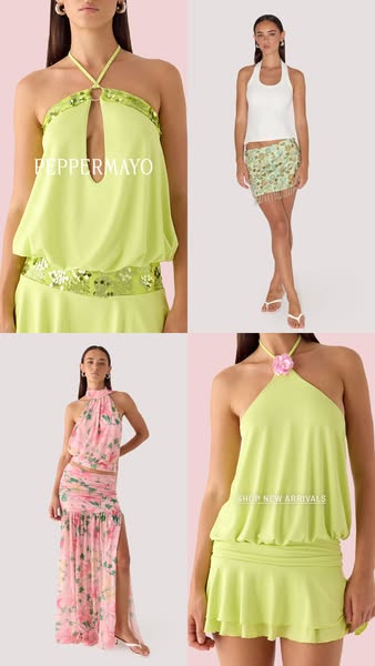 This ad showcases multiple dresses from PepperMayo's new arrivals. The ad is formatted in a grid and focuses on show