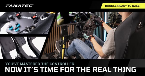 This image ad for Fanatec promotes a bundle that is ready to race. The ad features a person sitting in a racing seat and