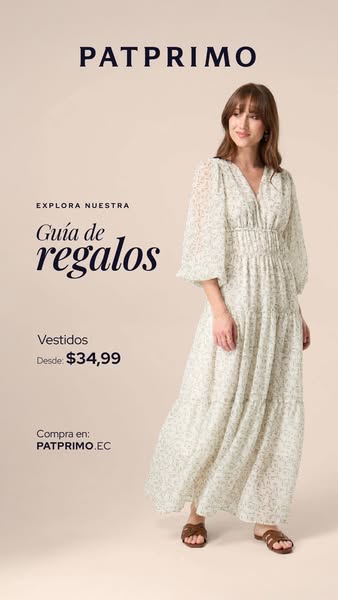 This ad for Patprimo features a woman wearing a long, floral dress. The ad promotes dresses starting at $34.99 and encou
