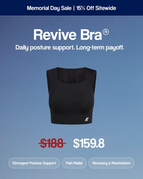 This image ad for Revive Bra promotes a Memorial Day sale of 15% off sitewide. The ad highlights the Revive Bra's po