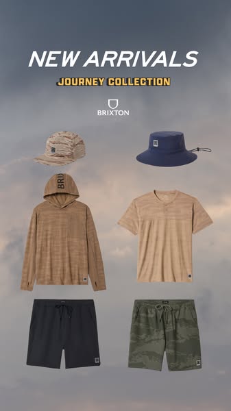 This image ad showcases the Brixton Journey Collection, featuring various apparel items like hats, hoodies, t-shirts, an