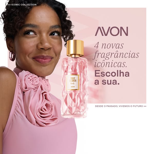 This ad for Avon's Toque de Amor Lovely fragrance features a woman looking off into the distance next to the fragran