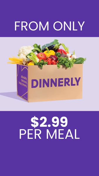 This ad for Dinnerly uses a single image to promote its affordable meal service. The image features a box overflowing wi