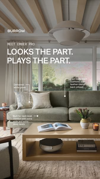 This image ad for Burrow promotes the Ember Pro sofa, highlighting its design and comfort features. The ad emphasizes th