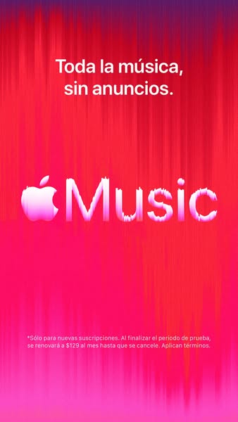 This image ad for Apple Music promotes ad-free music. The ad features the Apple Music logo against a vibrant pink and pu