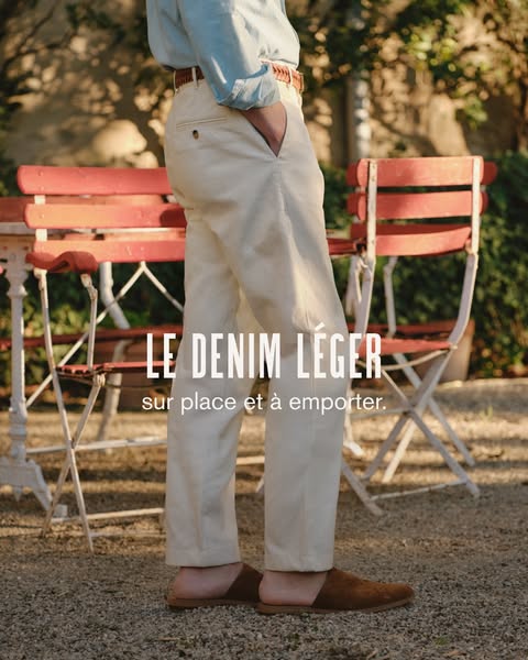 This ad features a light-colored pair of pants, emphasizing its lightweight denim material.