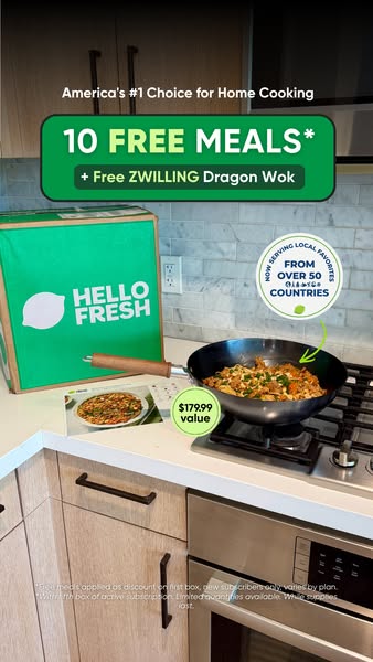 This image ad promotes Hello Fresh, emphasizing a limited-time offer of 10 free meals and a free ZWILLING Dragon Wok. Th