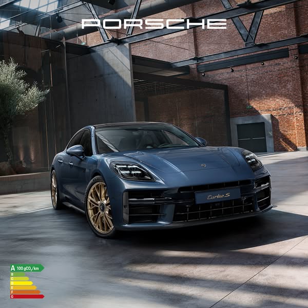 This ad showcases a blue Porsche Turbo S parked in an indoor lot. The ad highlights the CO2 emissions.