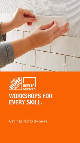 An ad for Home Depot's how-to workshops features a pair of hands installing white subway tiles to a wall with gray a