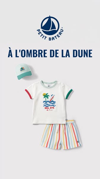This image ad showcases a matching children's apparel set from Petit Bateau. It features a white t-shirt with a beac